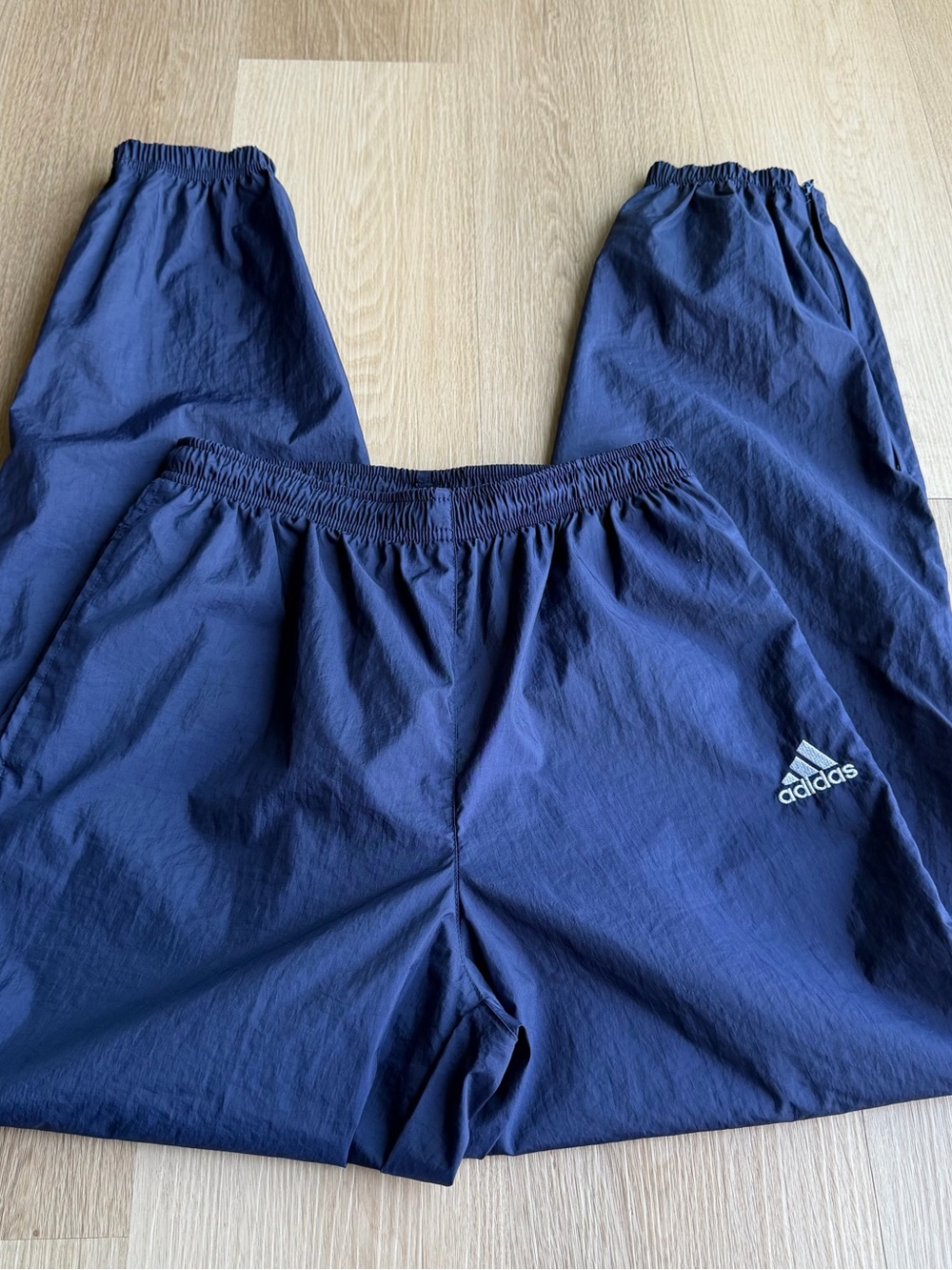 Vintage adidas Men's M Blue Nylon Track Pants Drawstring Elastic Waist Solid